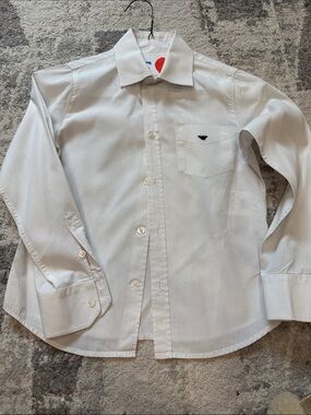 Armani Junior Boys Classic White Poplin Dress Shirt with Pocket and Logo